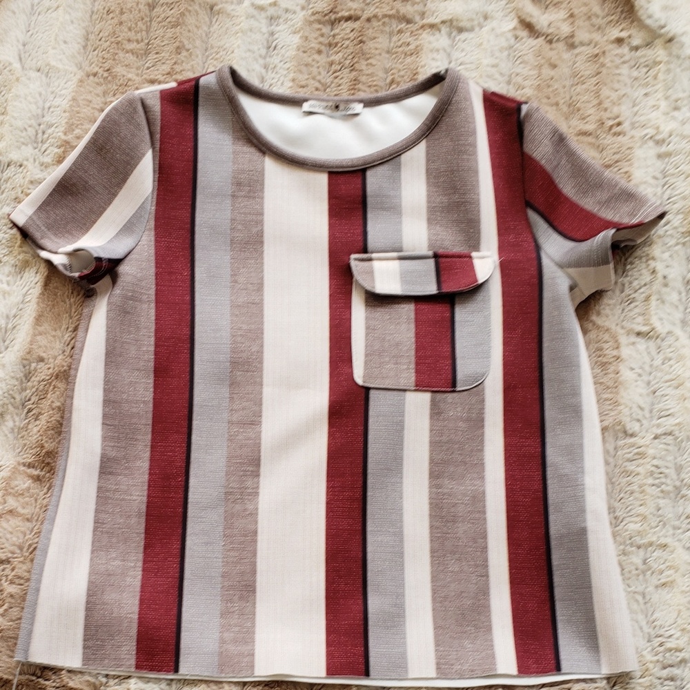 ZARA COLLECTION BURGUNDY WHITE AND GREY SCUBA FABRIC  STRIPED TEE..SIZE S‎ - Picture 2 of 5